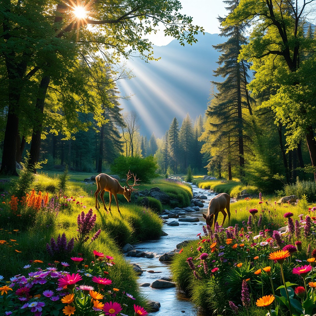 A vibrant, lush forest scene at dawn, with rays of sunlight filtering through dense trees, casting dappled shadows on the ground