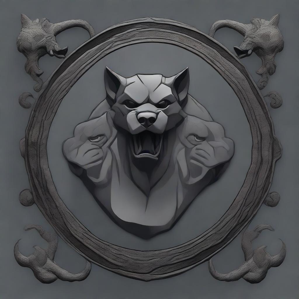 Dark grey stone background with a central emblem of the three-headed mythical dog, Cerberus. The emblem design should be in the style of the House Targaryen emblem from Game of Thrones.