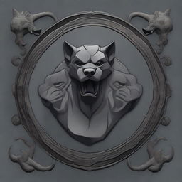 Dark grey stone background with a central emblem of the three-headed mythical dog, Cerberus. The emblem design should be in the style of the House Targaryen emblem from Game of Thrones.