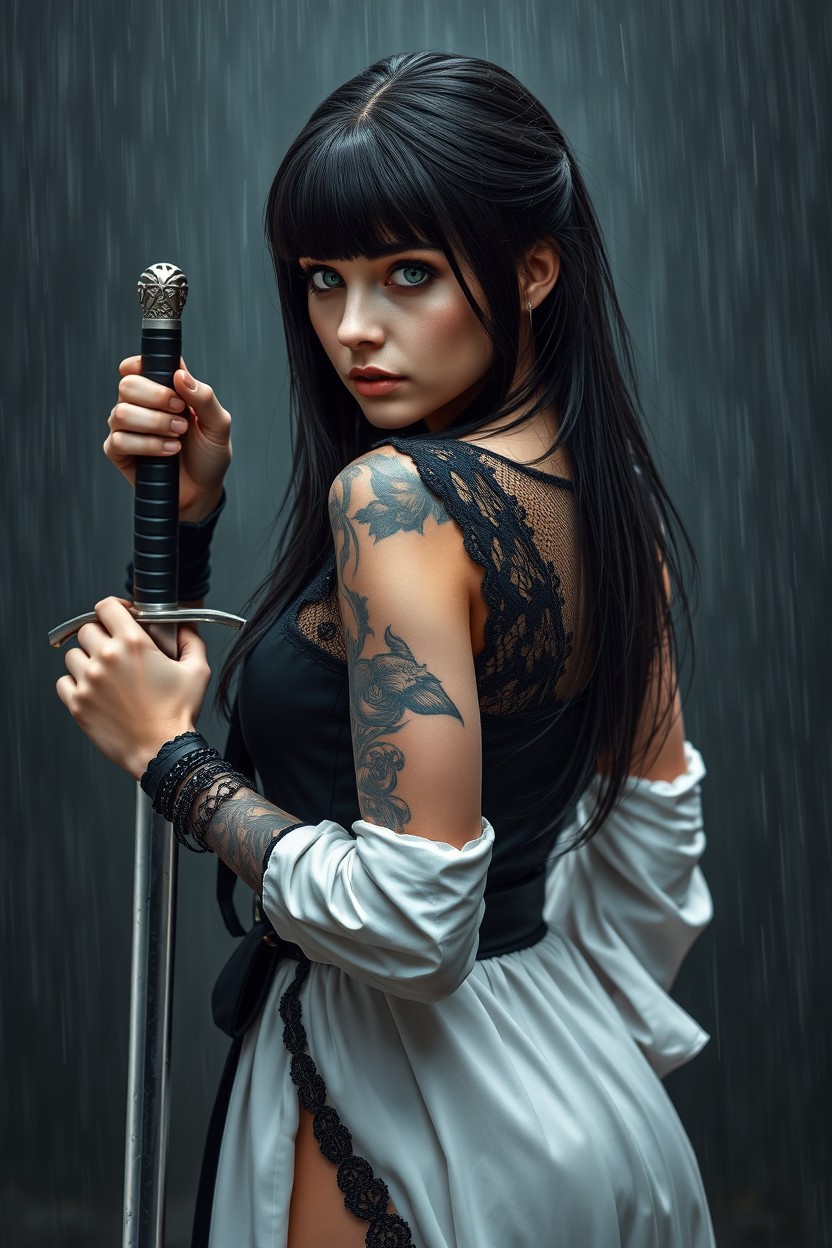 A woman with long, dark hair stands with her back turned, confidently holding a sword in her hand