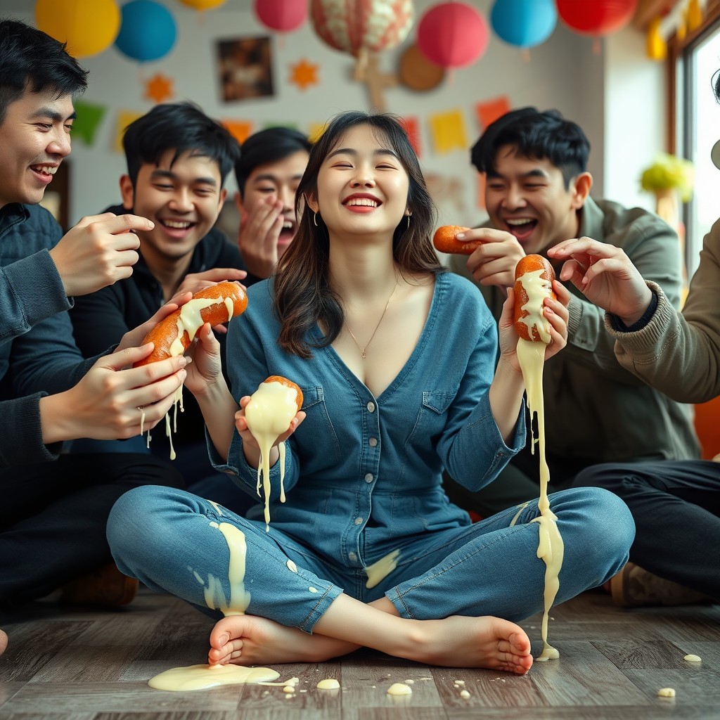 A young and attractive Korean woman, 18 years old, sitting cross-legged on the floor with a joyful expression, her eyes closed and a bright smile on her face