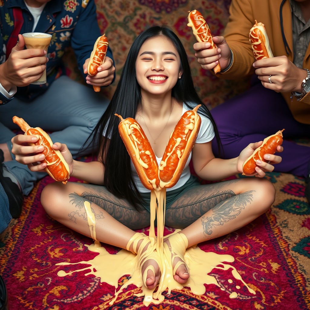 A hot Korean young woman, 18 years old, sitting criss cross on a vibrant, colorful rug, smiling with her eyes closed in pure joy