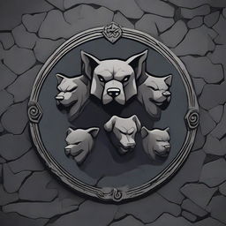 Dark grey stone background with a central emblem of the three-headed mythical dog, Cerberus. The emblem design should be in the style of the House Targaryen emblem from Game of Thrones.