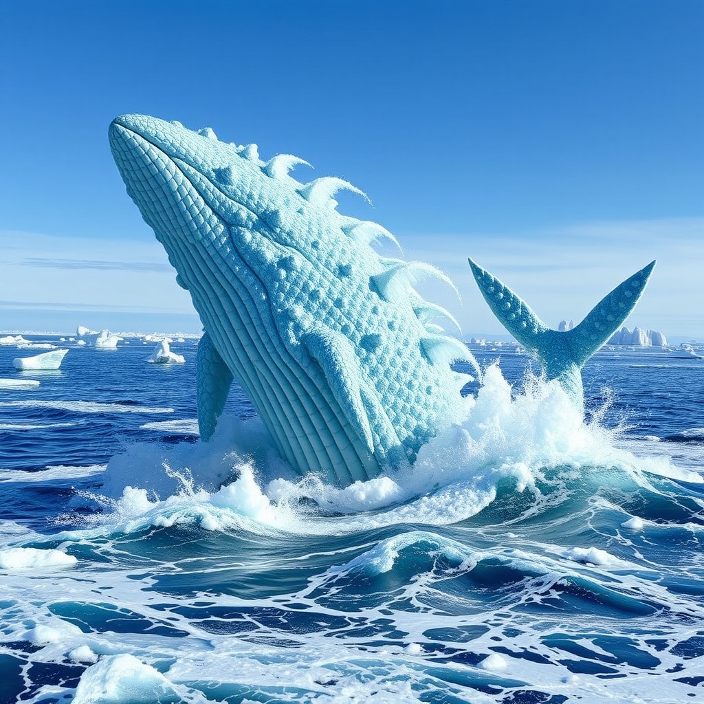 An awe-inspiring ice leviathan, a massive mythical sea monster rising majestically from the ocean waves