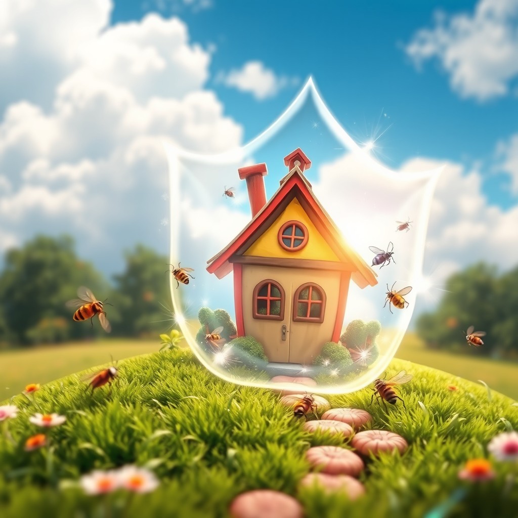 A captivating eBook cover featuring a whimsical house surrounded by a magical, shimmering shield protecting it from tiny, colorful insects attempting to approach