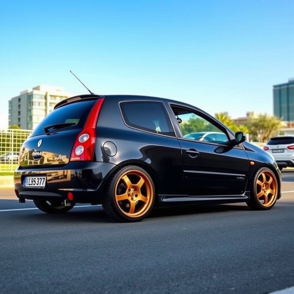A black 2004 Renault Clio featuring bronze TE37 wheels, slightly lowered for a sporty look, equipped with a Lotse steering wheel and gearshift knob, parked on a smooth urban street