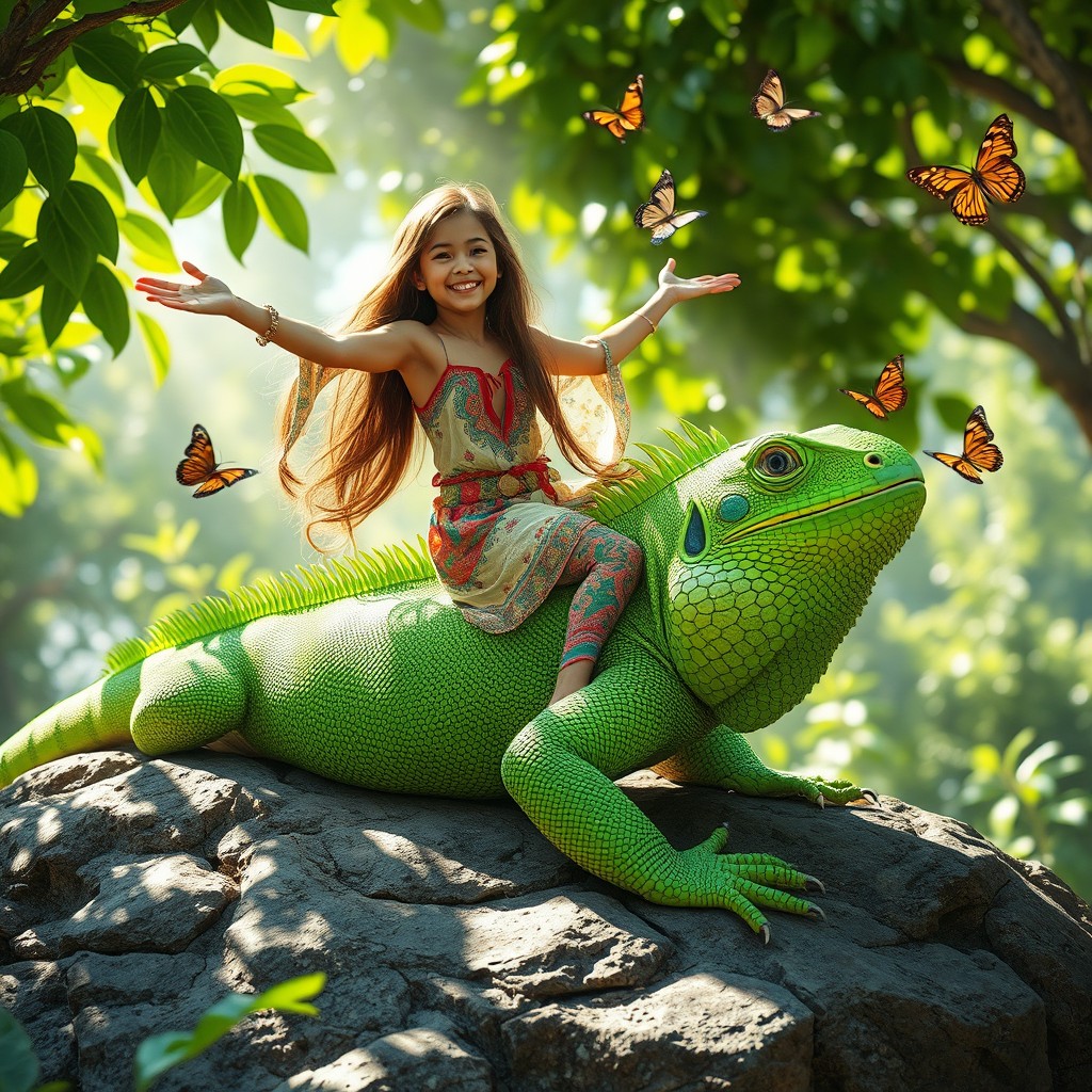 A whimsical scene featuring a young woman playfully perched on the back of a vibrant, oversized lizard