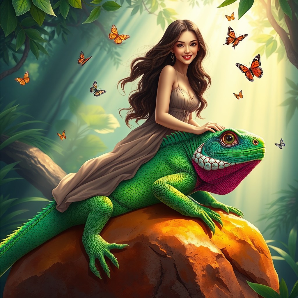 A whimsical scene depicting a brunette woman gracefully perched on the back of a large, vividly colored lizard