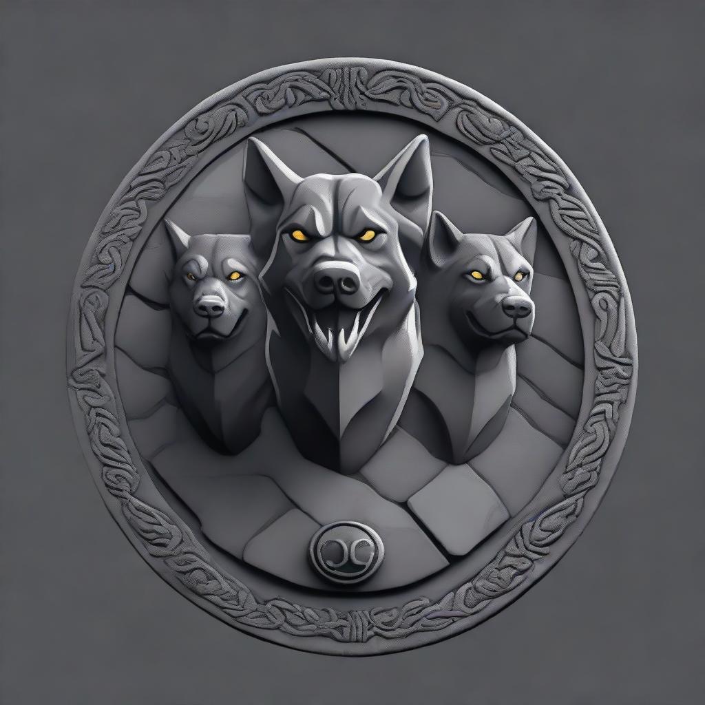 Dark grey stone background with a central emblem of the three-headed mythical dog, Cerberus. The emblem design should be in the style of the House Targaryen emblem from Game of Thrones.