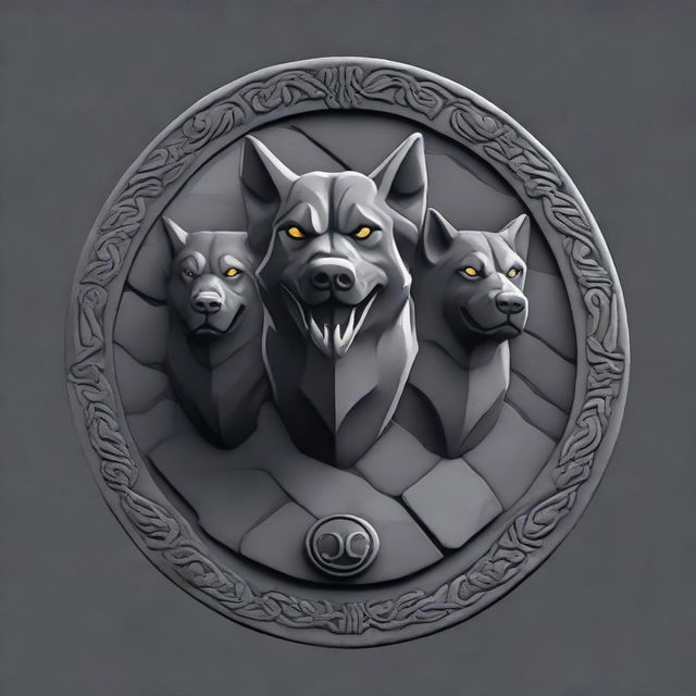 Dark grey stone background with a central emblem of the three-headed mythical dog, Cerberus. The emblem design should be in the style of the House Targaryen emblem from Game of Thrones.