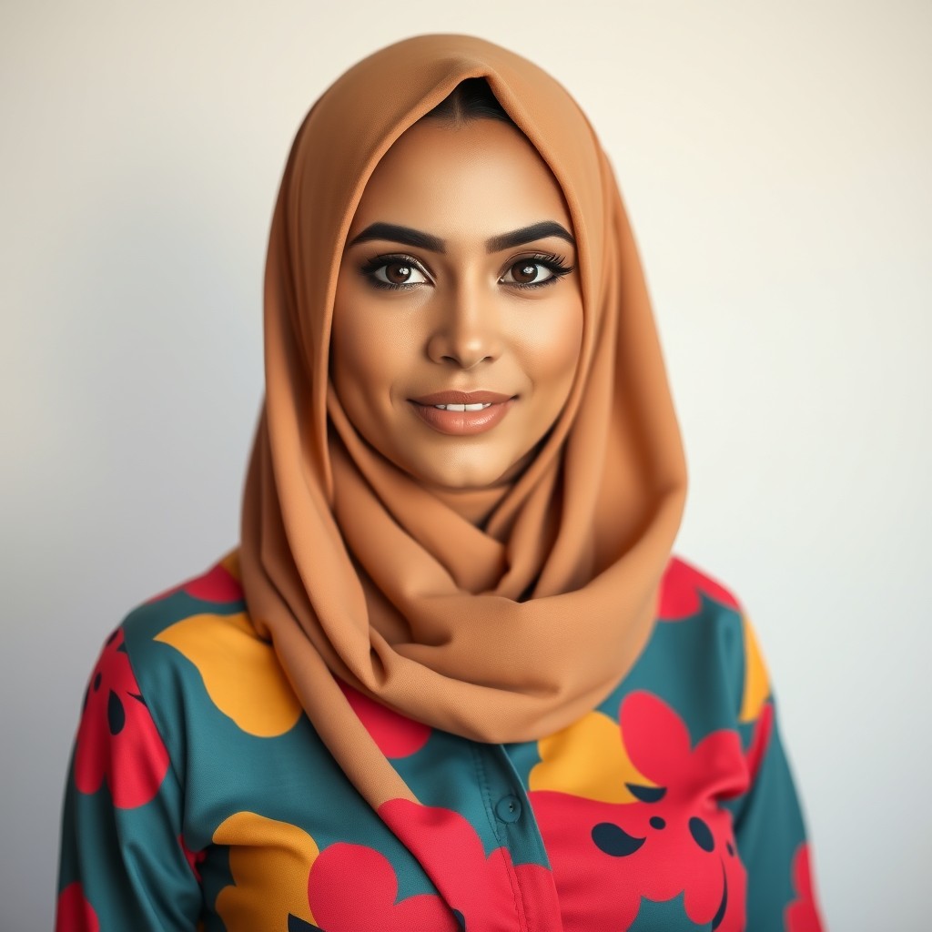 A beautiful, alluring 40-year-old woman wearing a hijab, presenting a natural and captivating appearance