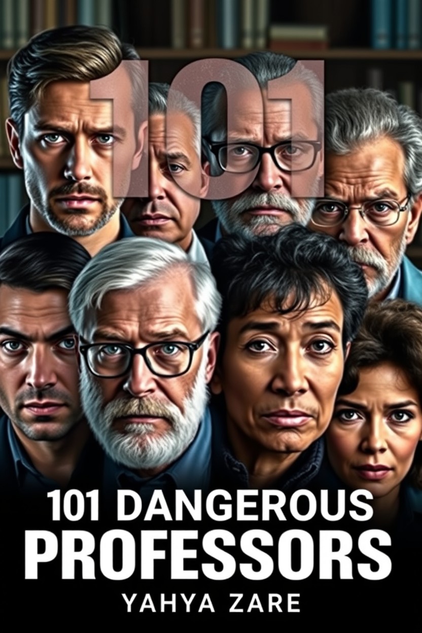 A striking cover for the book titled "101 Dangerous Professors" by Yahya Zare, featuring a diverse group of eight individuals: four young and four old, representing both male and female