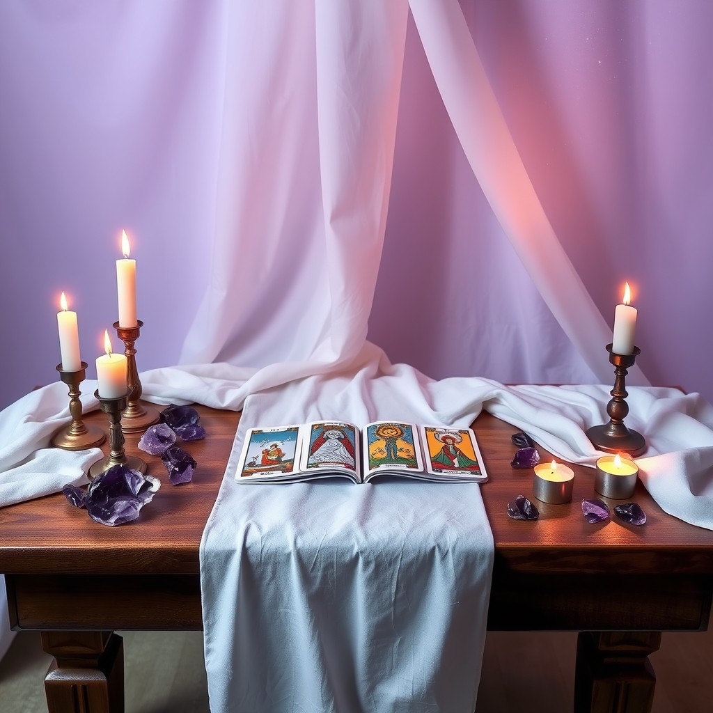 A beautifully designed YouTube thumbnail with a tarot theme, featuring an elegantly draped white cloth over a wooden table