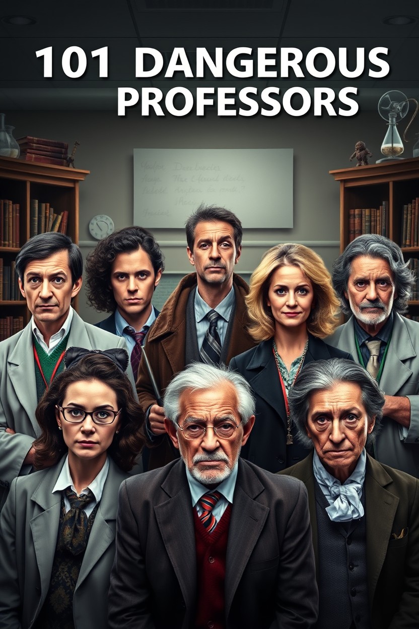 A captivating and intriguing group portrait titled '101 Dangerous Professors', featuring a diverse mix of 8 individuals