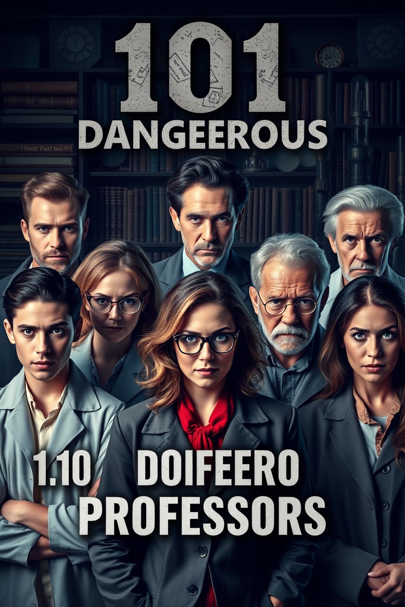 A visually striking composition titled '101 Dangerous Professors', featuring a diverse group of eight individuals: four young males and females, and four older males and females, all with real human faces and expressions depicting intensity and intelligence