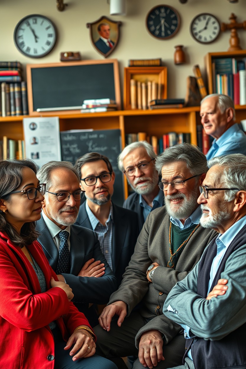 A dramatic and thought-provoking composition featuring 4 young and 4 old male and female professors, all with realistic faces, gathered in a university setting