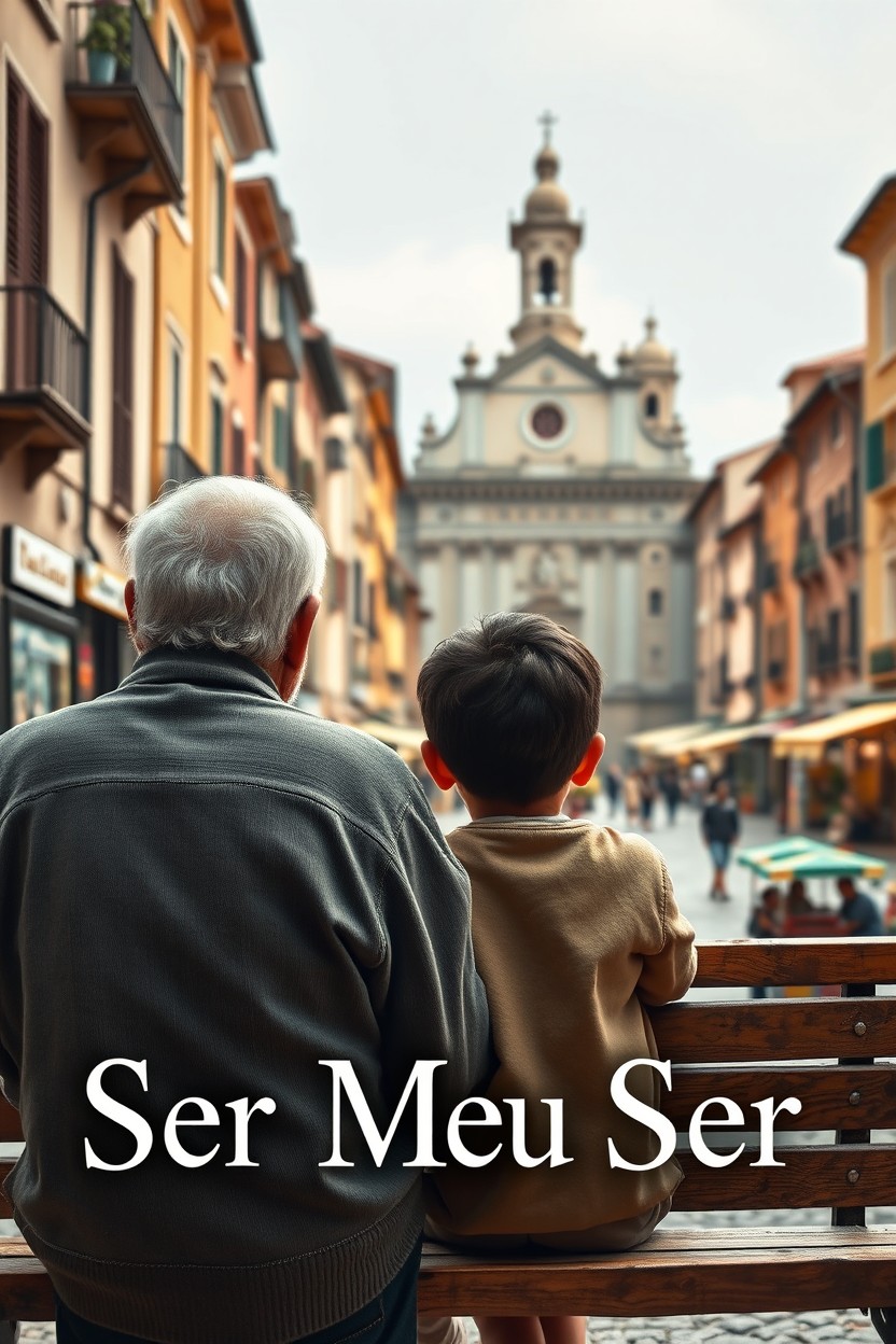 A semi-realistic digital ebook cover featuring a wise elderly man, around 80 years old, with a simple and visibly poor appearance, sitting on a bench next to an 8-year-old boy with dark hair
