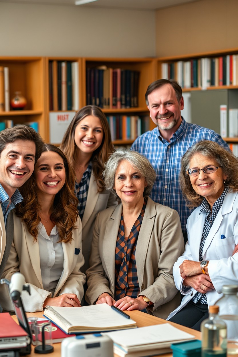 A group of eight diverse professors, four young (two male, two female) and four older (two male, two female), engaged in a lively academic discussion