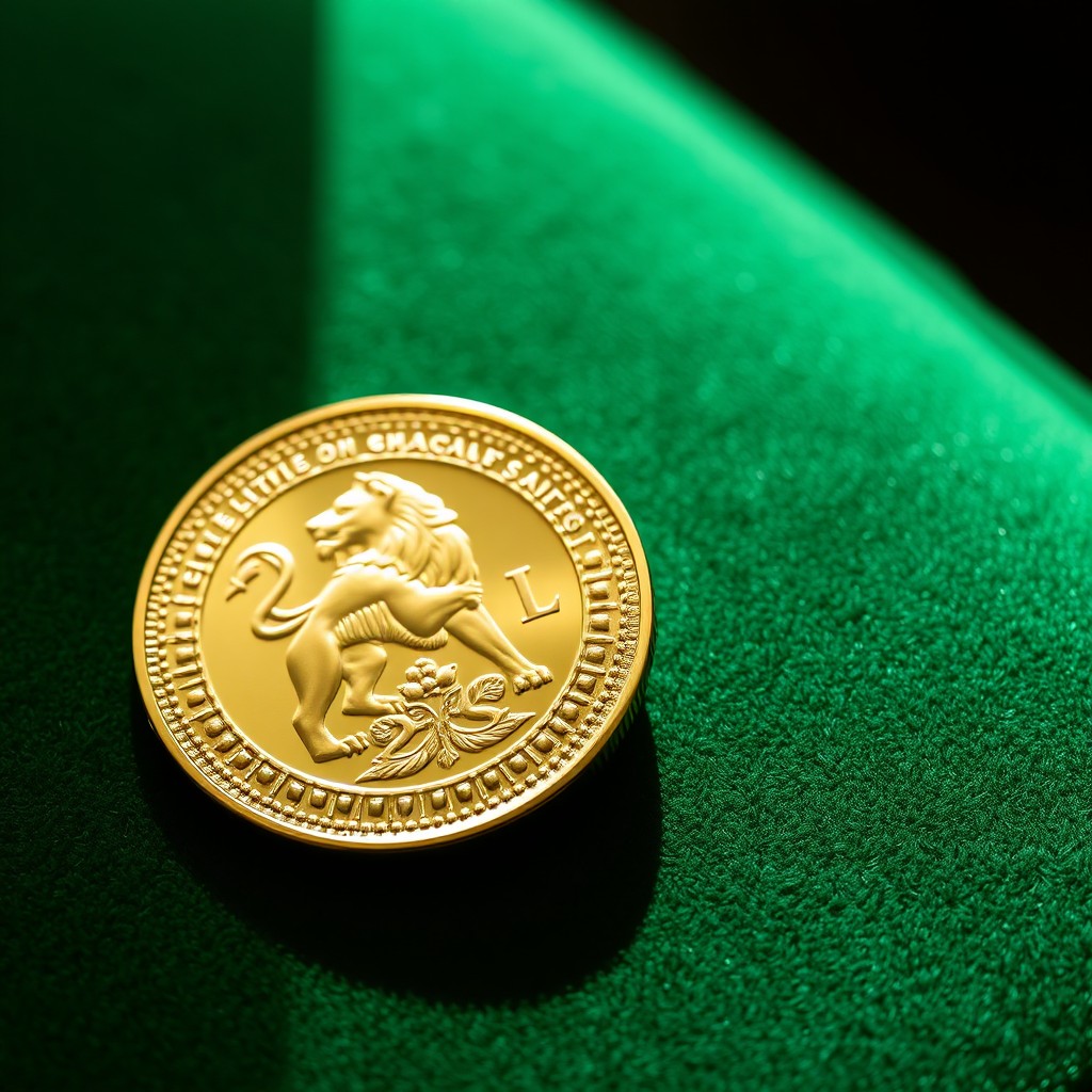 A beautifully detailed gold coin resting on a lush green velvet surface