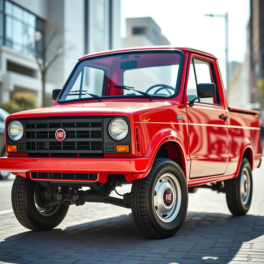 A red 1995 Fiat Fiorino pickup truck with an updated front design and the grille from a modern Fiat Argo