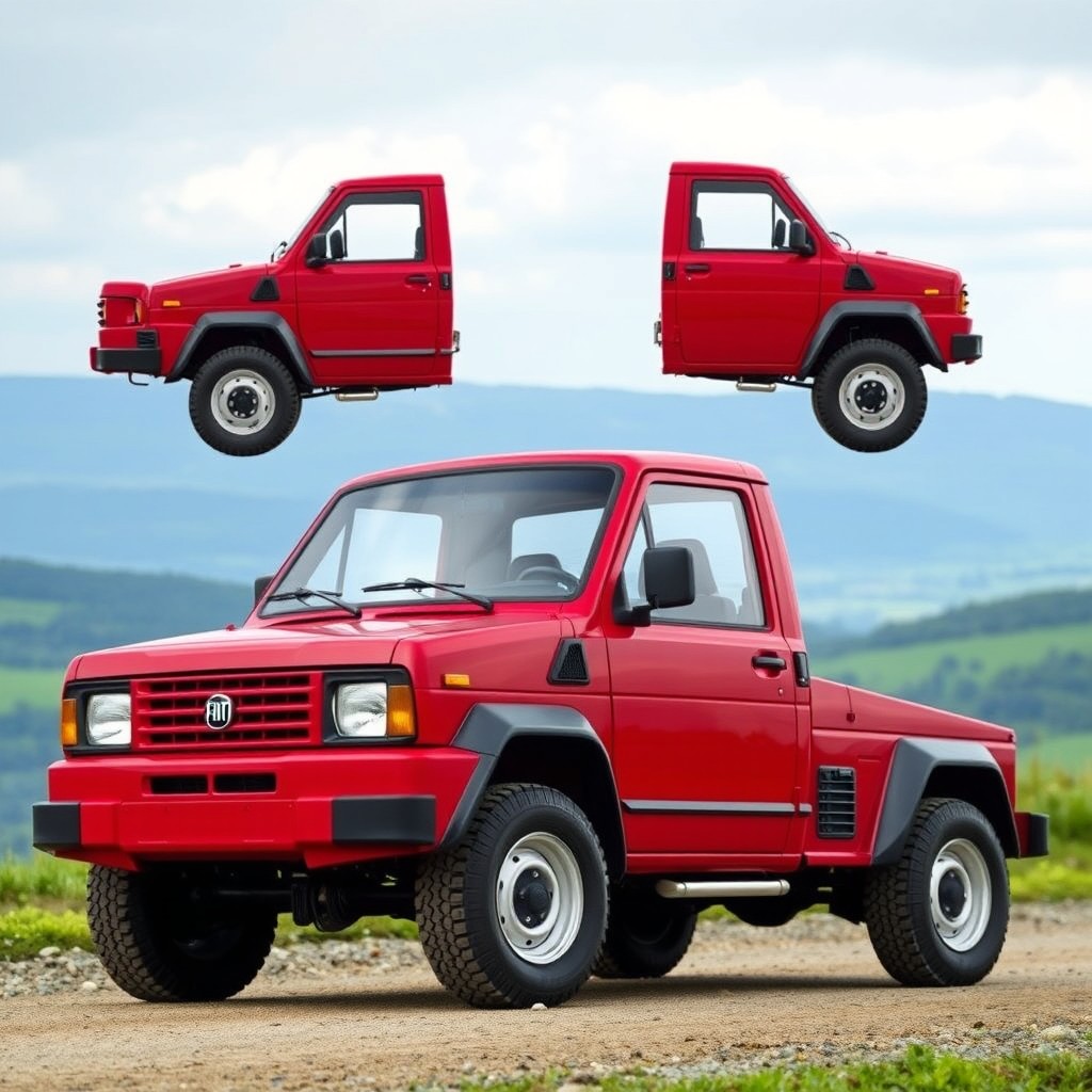 A red 1995 Fiat Fiorino pickup truck, featuring a simple cab design in a Trekking style