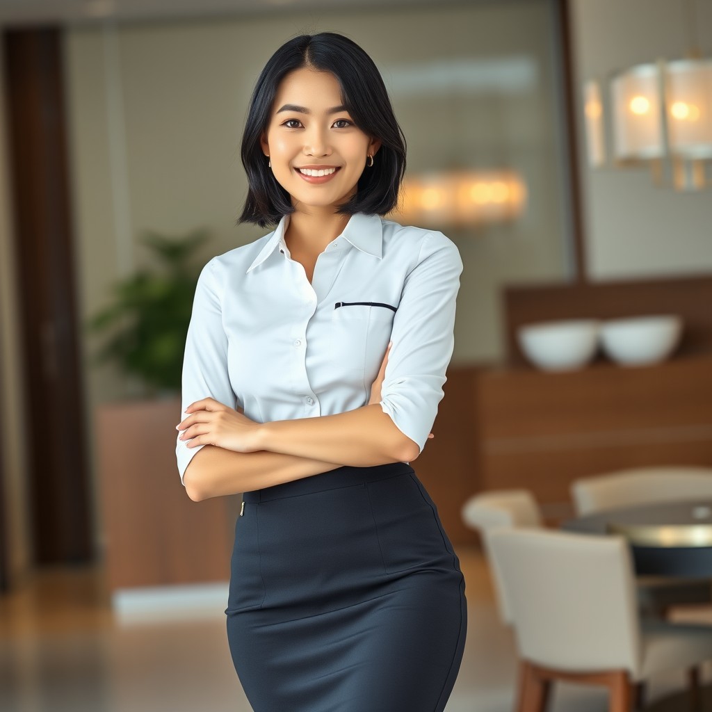 A beautiful Asian woman wearing a stylish uniform with a fitted pencil skirt