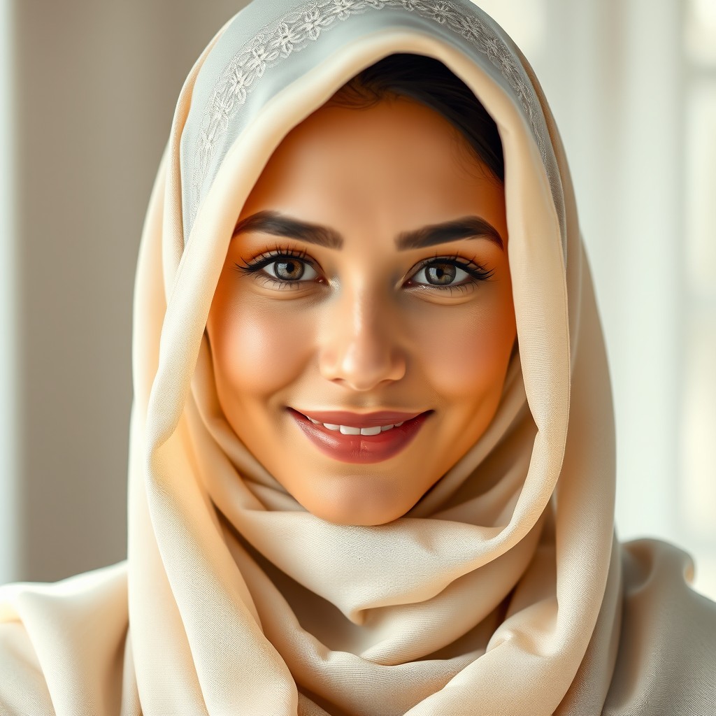 A serene and elegant portrait of a beautiful woman wearing a hijab, her face framed gracefully by the soft fabric