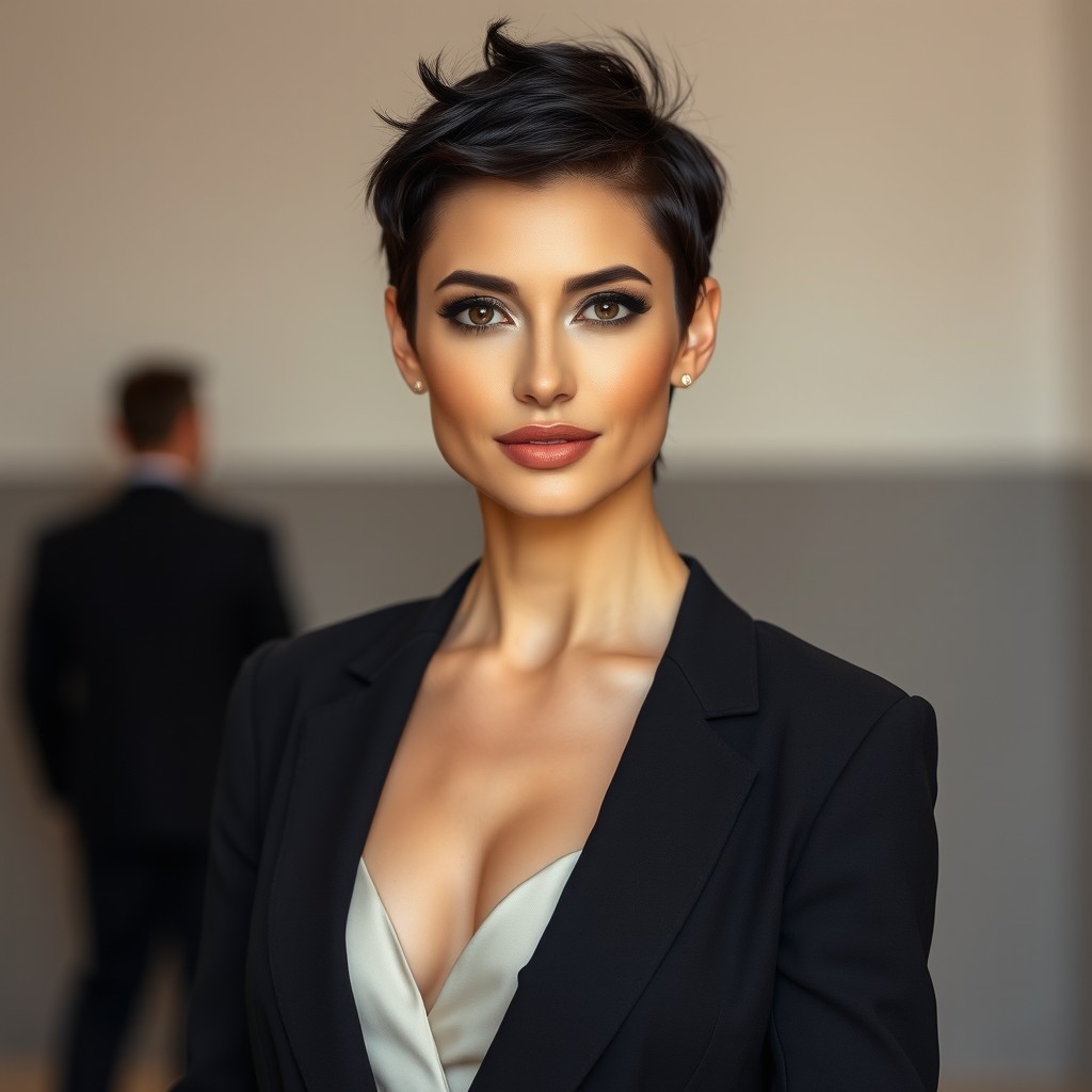 A beautiful and slim elegant woman, around 35 years old, featuring short black spikey hair