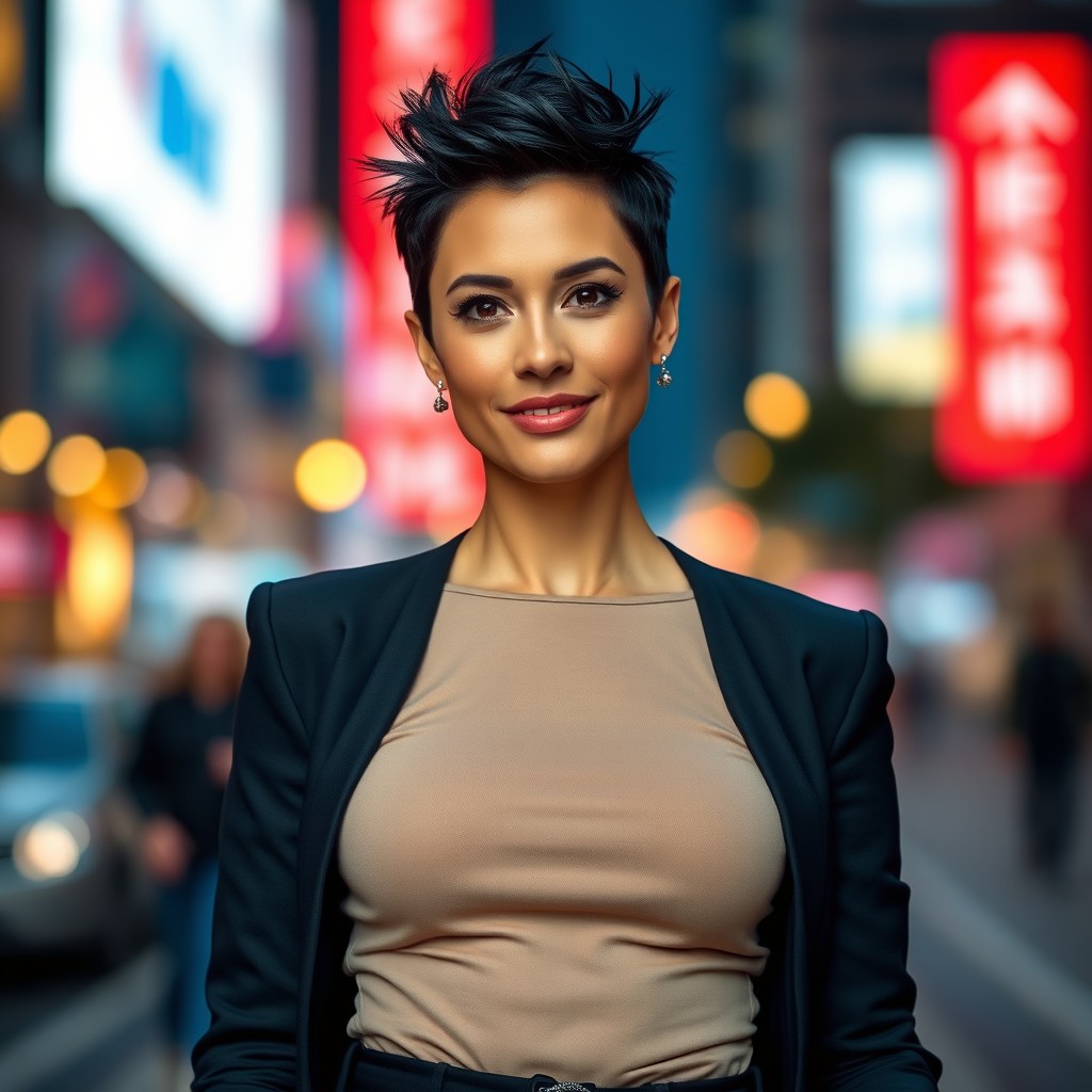 A beautiful, slim, and elegant woman in her mid-30s with striking short black spiky hair