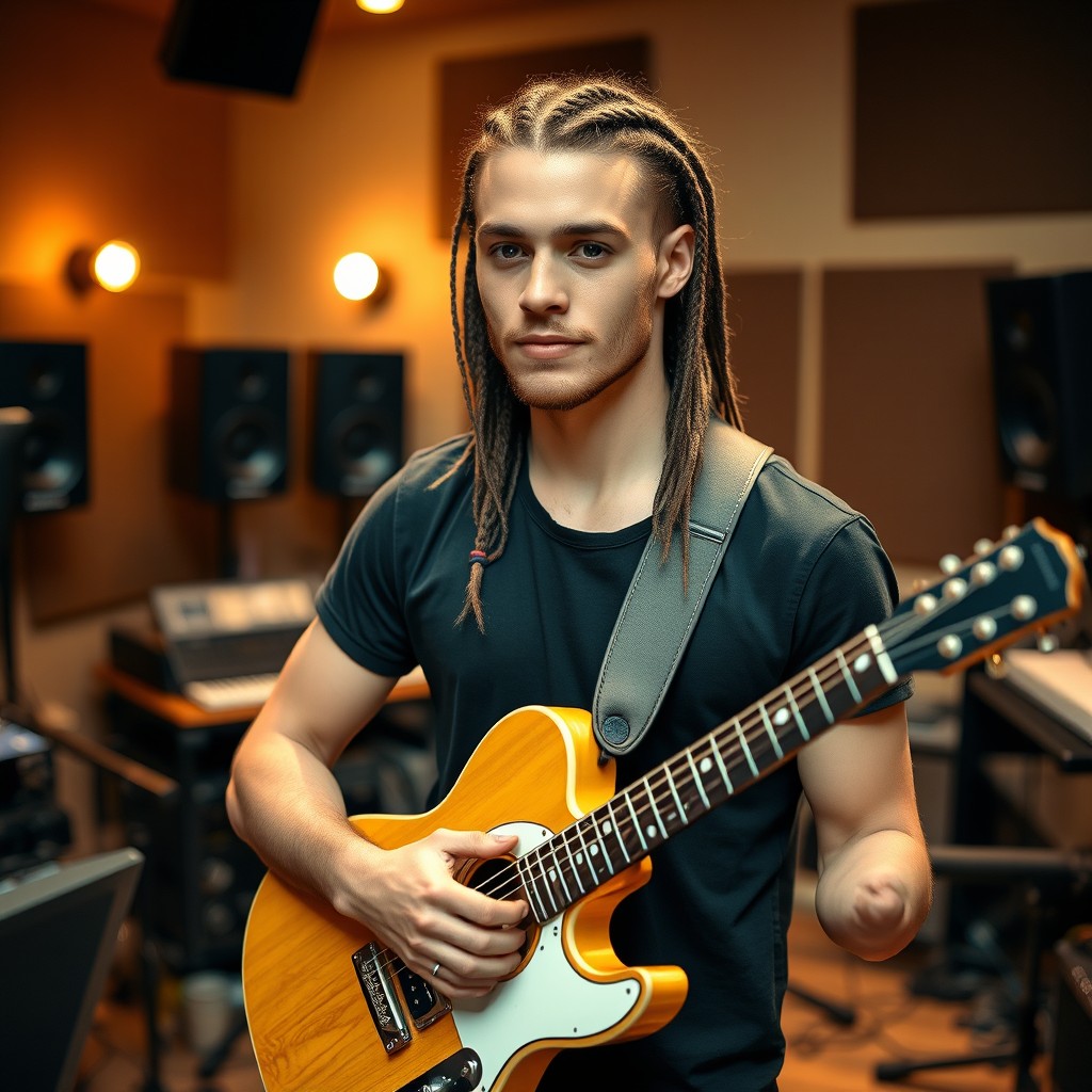A young white man, 30 years old, with braided hair, holding a guitar in a recording studio