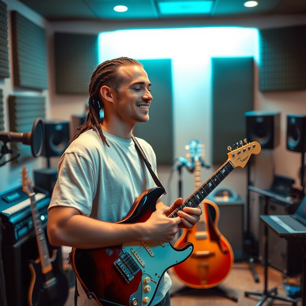 A young white man, 30 years old, with braided hair, holding a guitar in a recording studio