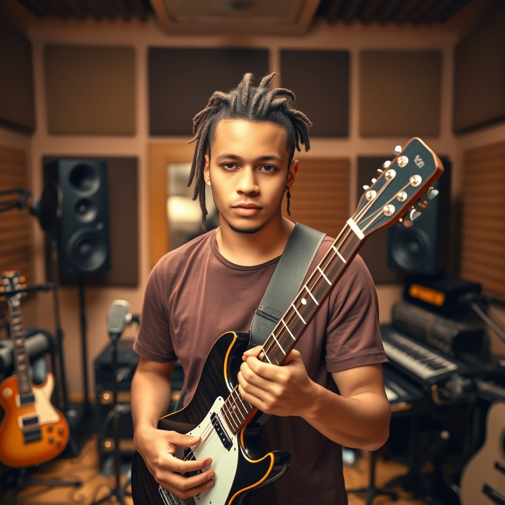 A young white man, 30 years old, with braided hair, holding a guitar in a recording studio