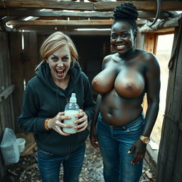 In an abandoned poor shack, a 22-year-old malnourished blonde woman with blue eyes holds a baby bottle, her eyes wide and expressing madness as she screams
