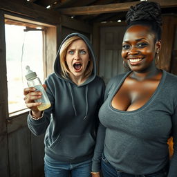 In an abandoned poor shack, a 22-year-old malnourished blonde woman with blue eyes holds a baby bottle, her eyes wide in a crazy expression as she screams