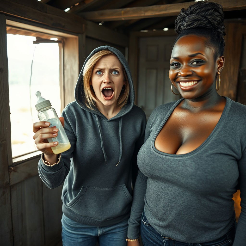 In an abandoned poor shack, a 22-year-old malnourished blonde woman with blue eyes holds a baby bottle, her eyes wide in a crazy expression as she screams
