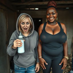 In an abandoned poor shack, a 22-year-old malnourished blonde woman with blue eyes holds a baby bottle, her eyes wide in a crazy expression as she screams