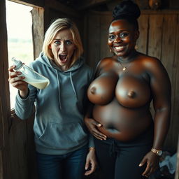 In an abandoned poor shack, a 22-year-old malnourished blonde woman with blue eyes holds a baby bottle, her eyes wide in a crazy expression as she screams