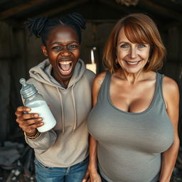 In a rundown abandoned shack, a 19-year-old African woman with very dark skin and a malevolent expression holds a baby bottle filled with milk