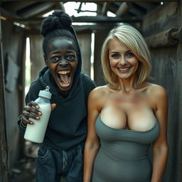 In an abandoned, rundown shack, an intense scene captures a malnourished 19-year-old African woman with very dark skin