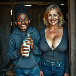 In a destitute, abandoned shack, a vivid and unsettling scene showcases a 19-year-old malnourished African woman with very dark skin