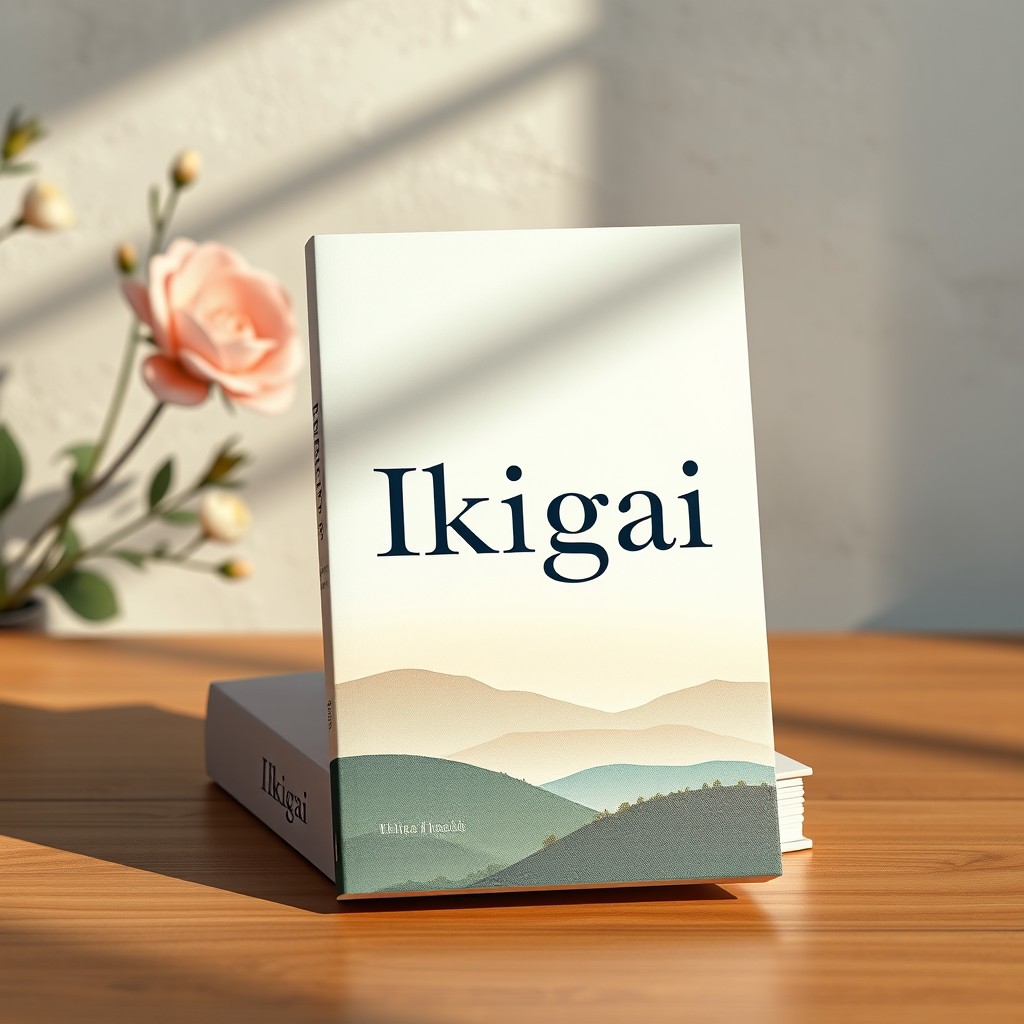 A visually stunning book mockup featuring the title 'Ikigai' in elegant typography on the cover