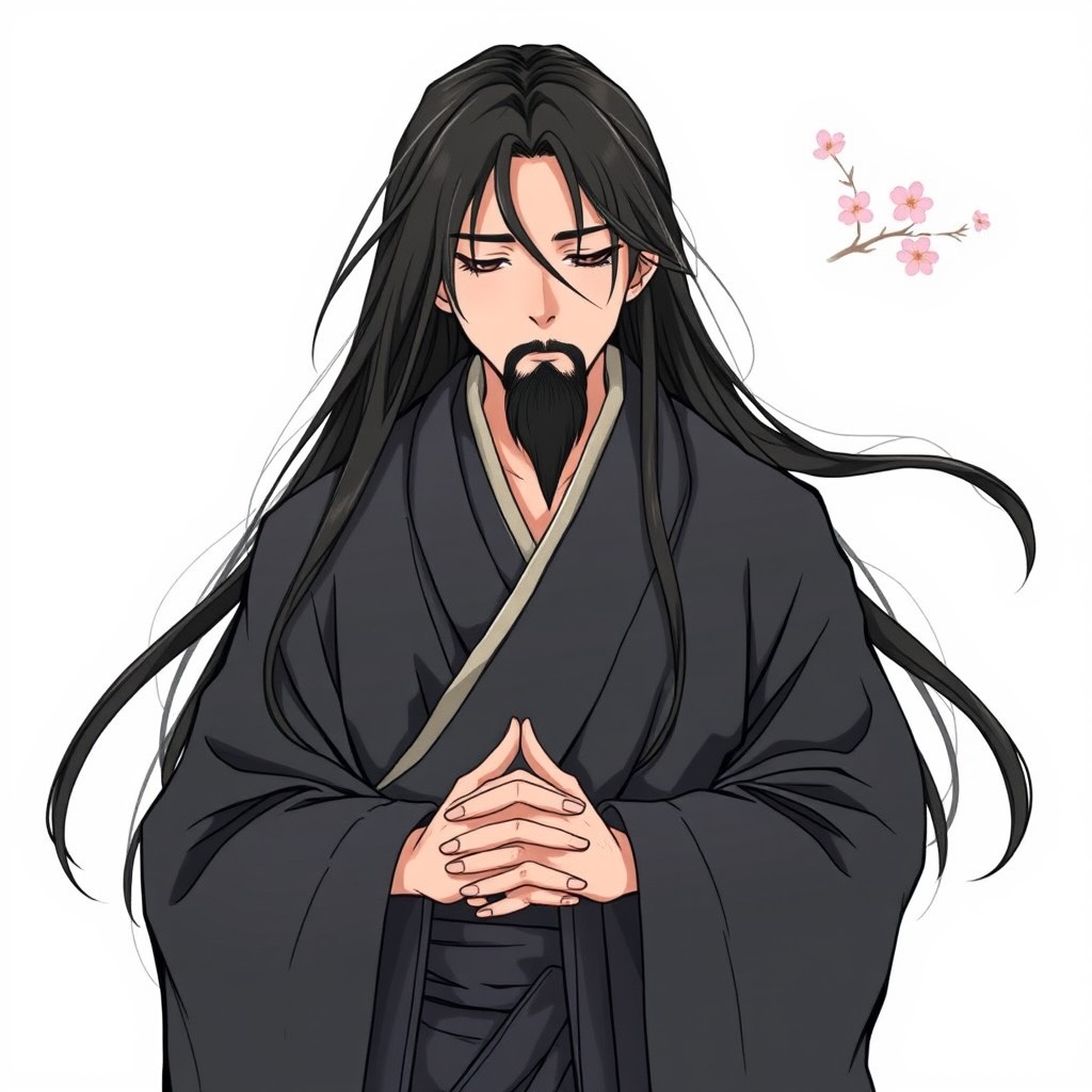 A young monk with long, flowing black hair that is uncut and a thin beard, wearing long, worn black robes that drape elegantly