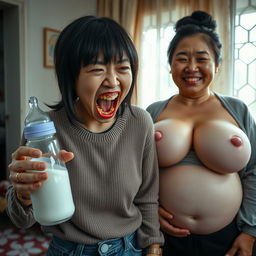In a Chinese house, a frantic 19-year-old malnourished Chinese woman holds a baby bottle filled with milk, her yellowed and decayed teeth visible as she screams wildly with her mouth open