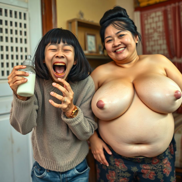 In a traditional Chinese house, a 19-year-old frail and disheveled Chinese woman holds a baby bottle filled with milk, her yellowed and decayed teeth visible as she screams energetically, her mouth wide open in a fit of madness