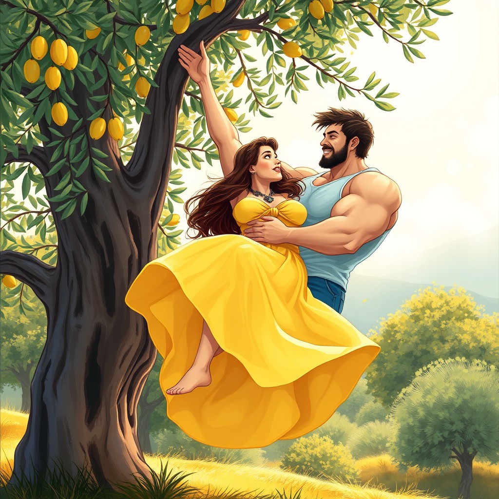 A romantic book cover illustration featuring a plus-size young woman in a flowing yellow dress falling from an olive tree, gracefully landing into the strong, muscular arms of a handsome Italian man