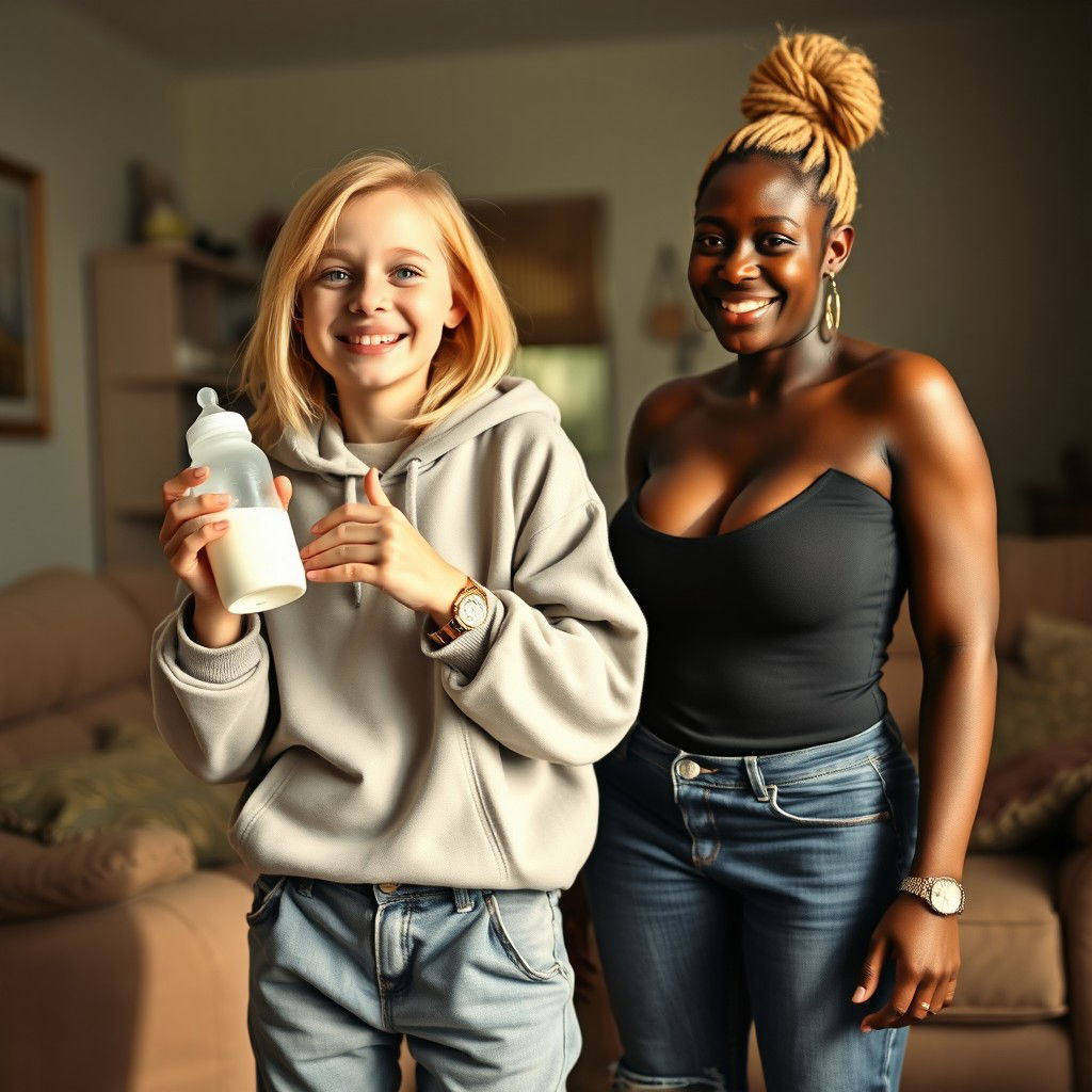 In a living room, a vibrant scene captures a 24-year-old malnourished woman with medium-length blonde hair and bright blue eyes, joyfully holding a baby bottle filled with milk