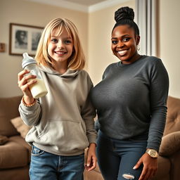In a living room, a vibrant scene captures a 24-year-old malnourished woman with medium-length blonde hair and bright blue eyes, joyfully holding a baby bottle filled with milk
