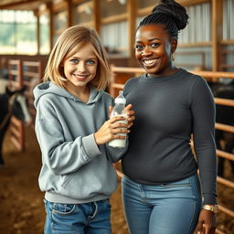 In a vibrant corral setting, a cheerful scene features a 24-year-old malnourished woman with medium-length blonde hair and bright blue eyes, happily holding a baby bottle filled with milk