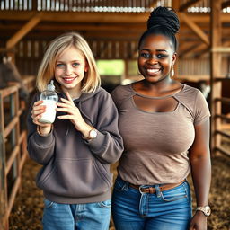 In a vibrant corral setting, a cheerful scene features a 24-year-old malnourished woman with medium-length blonde hair and bright blue eyes, happily holding a baby bottle filled with milk