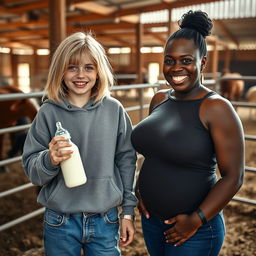In a vibrant corral setting, a cheerful scene features a 24-year-old malnourished woman with medium-length blonde hair and bright blue eyes, happily holding a baby bottle filled with milk